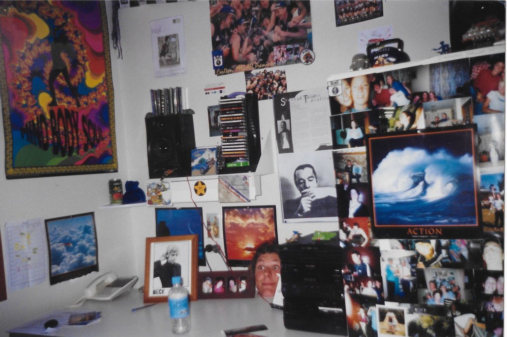 Justin's very decked out room on residence at University of Canberra, 1999. You can make out the Sharp 3 CD changer and CD collection.